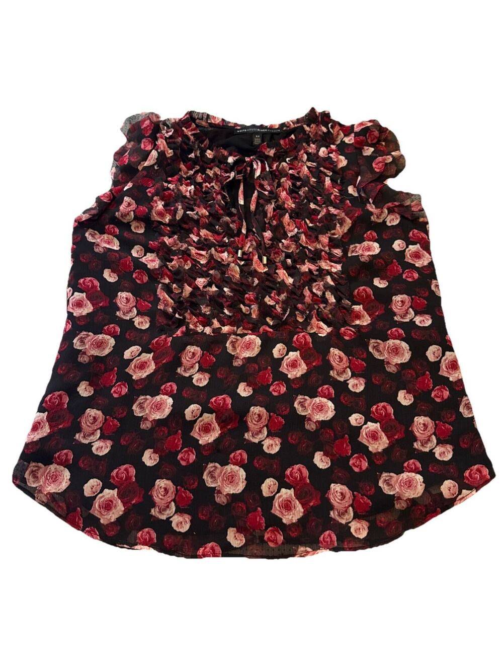 White House Black Market Red Pink Roses Sleeveless Top Ruffles Sheer Chiffon XS